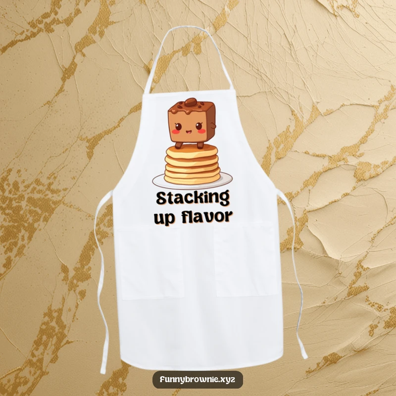 Funny apron showing a brownie character grinning while balancing on a wobbly stack of pancakes, perfect for a humorous kitchen.