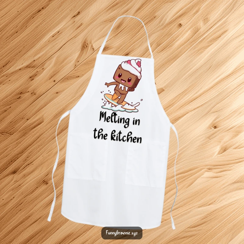 Funny apron showing a brownie character attempting to surf on a melting ice cream cone, perfect for a humorous kitchen.
