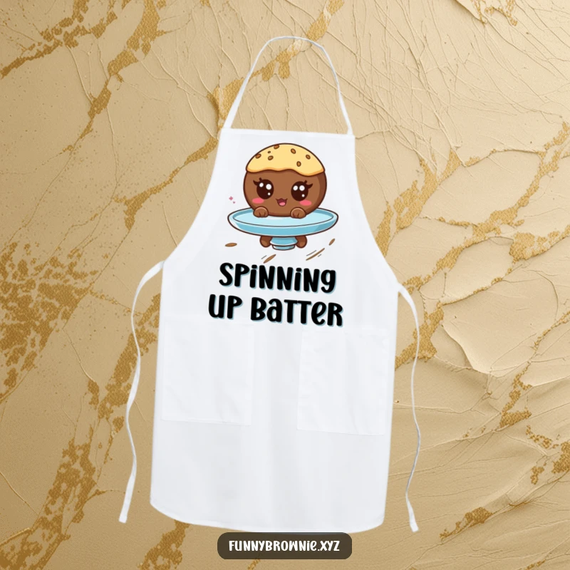 Funny apron showing a round brownie character with googly eyes spinning on a plate, perfect for a humorous kitchen.