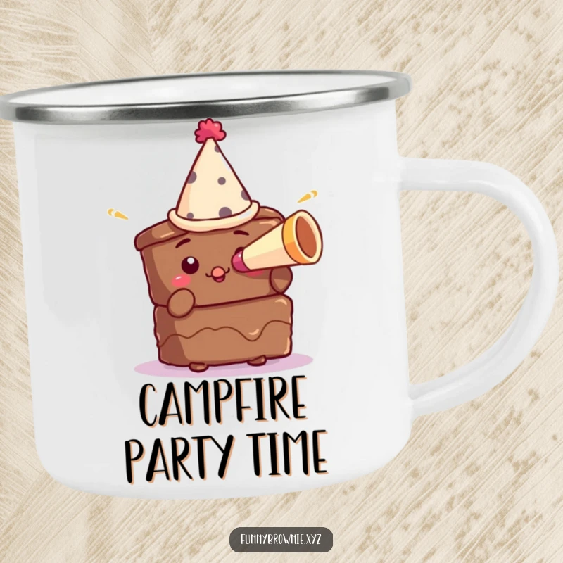 Funny camping mug featuring a brownie character in a small party hat blowing a tiny horn, perfect for outdoor parties.