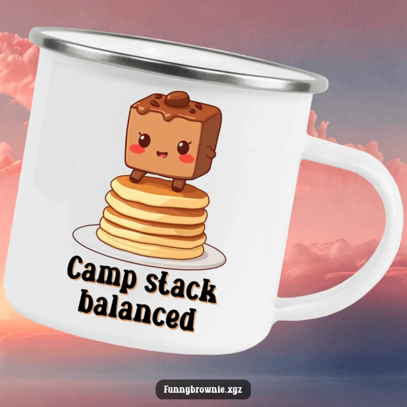 Funny camping mug featuring a brownie character grinning while balancing on a wobbly stack of pancakes, perfect for outdoor breakfast.