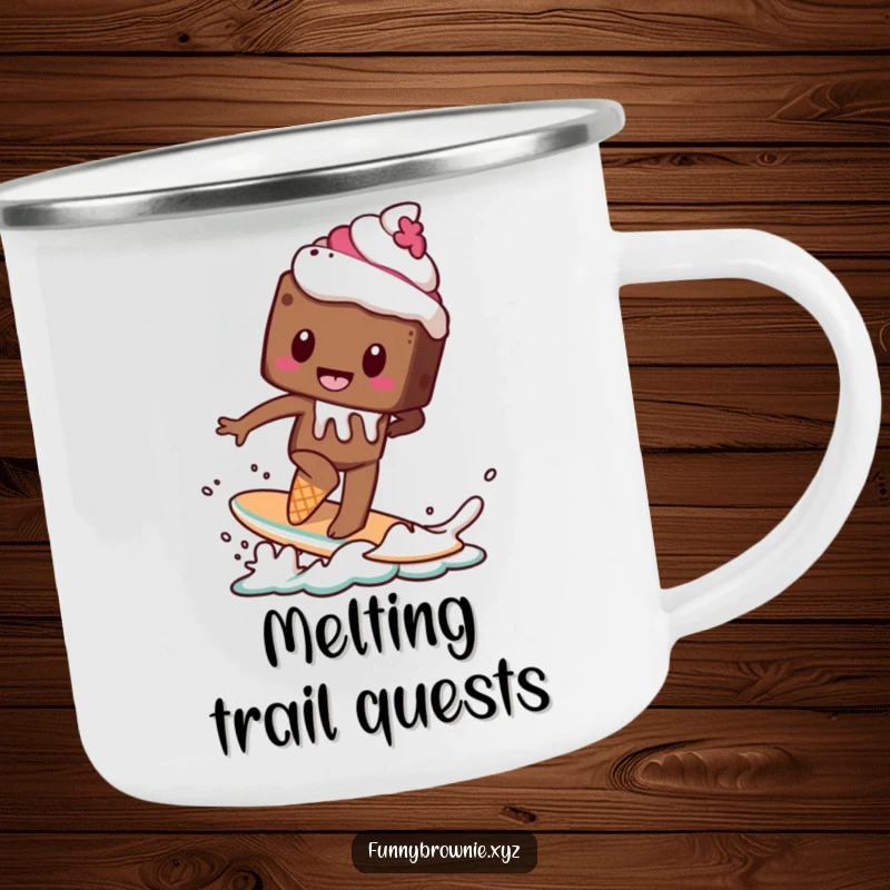 Funny camping mug featuring a brownie character attempting to surf on a melting ice cream cone, perfect for outdoor adventures.