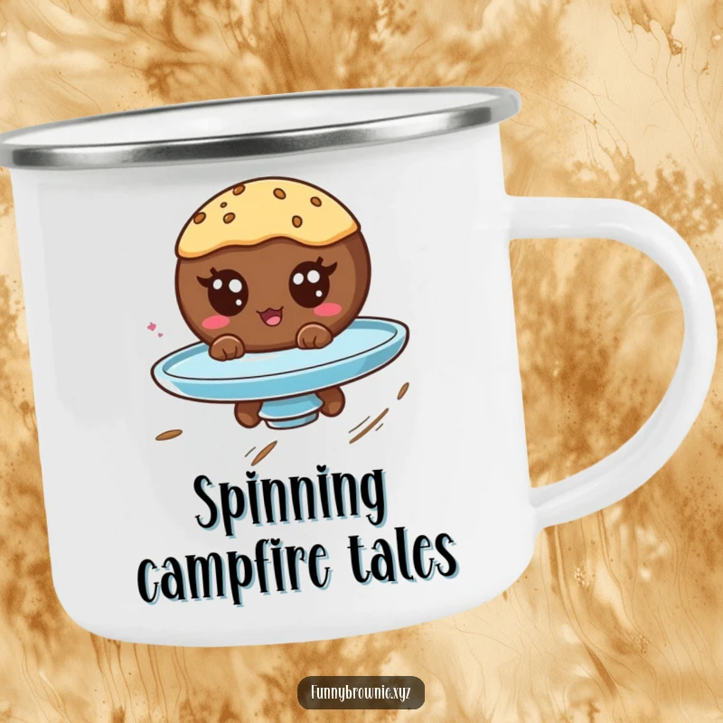 Funny camping mug featuring a round brownie character with googly eyes spinning on a plate, perfect for outdoor amusement.