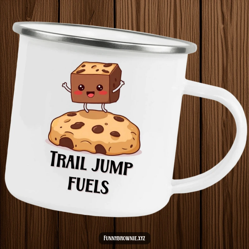 Funny camping mug featuring a square brownie character with legs enthusiastically jumping over a huge cookie crumb, for outdoor fun.