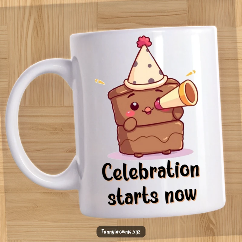 Funny mug featuring a brownie character wearing a small party hat and blowing a tiny party horn, embodying festive cheer.