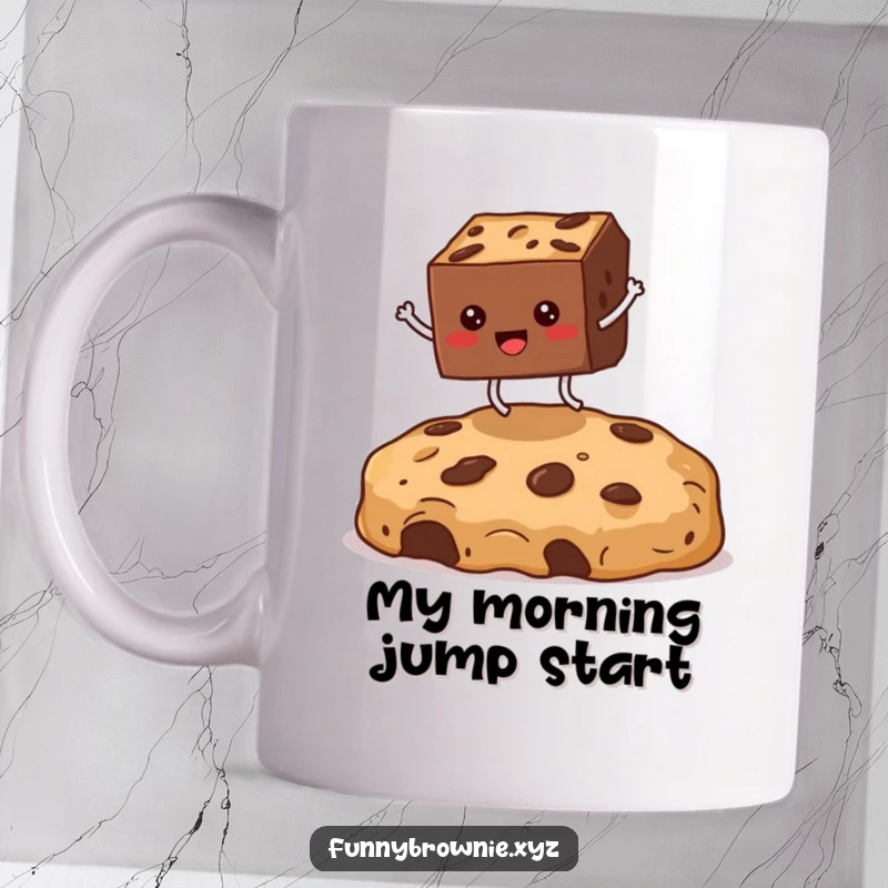 Funny mug with a square brownie character with tiny legs joyfully jumping over a huge cookie crumb, celebrating dessert antics.