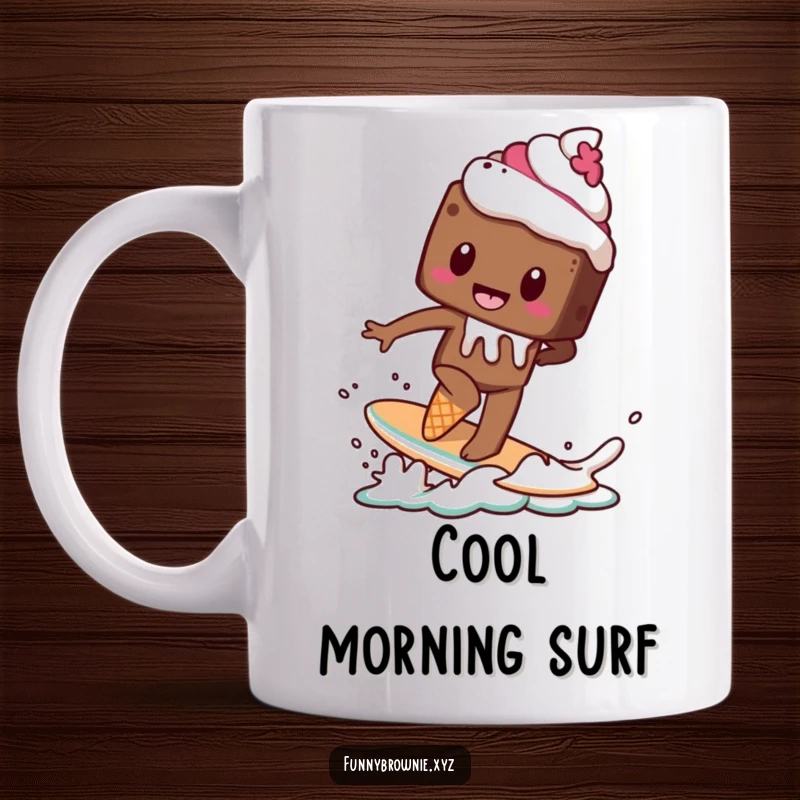 Funny mug featuring a brownie character attempting to surf on a melting ice cream cone, depicting a hilarious, sweet adventure.