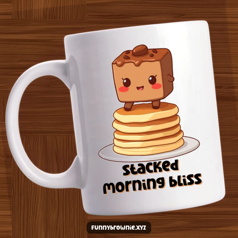 Funny mug featuring a brownie character grinning while balancing precariously on a stack of wobbly pancakes, showing delightful determination.