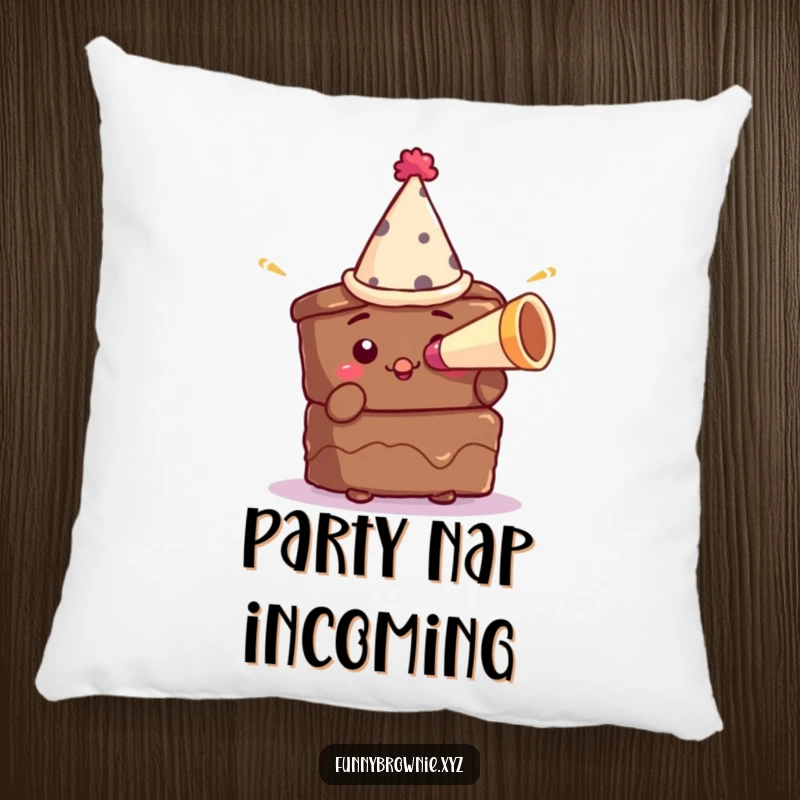 Funny pillow with a brownie character in a tiny party hat blowing a miniature horn, adding a touch of festive fun.