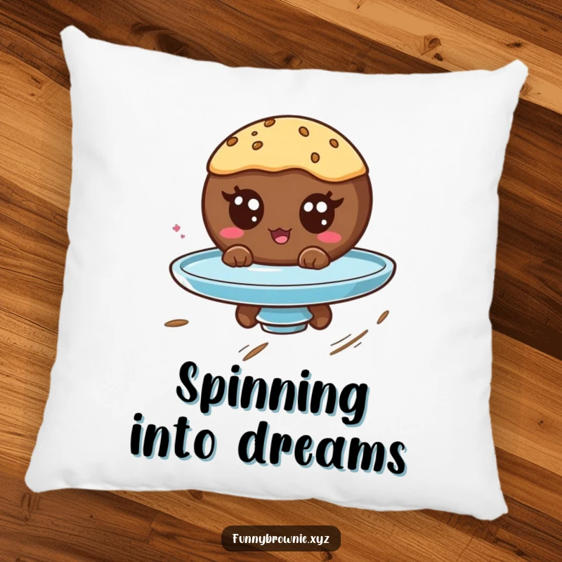 Funny pillow with a round brownie character with googly eyes spinning on a plate, adding a touch of whimsical fun.