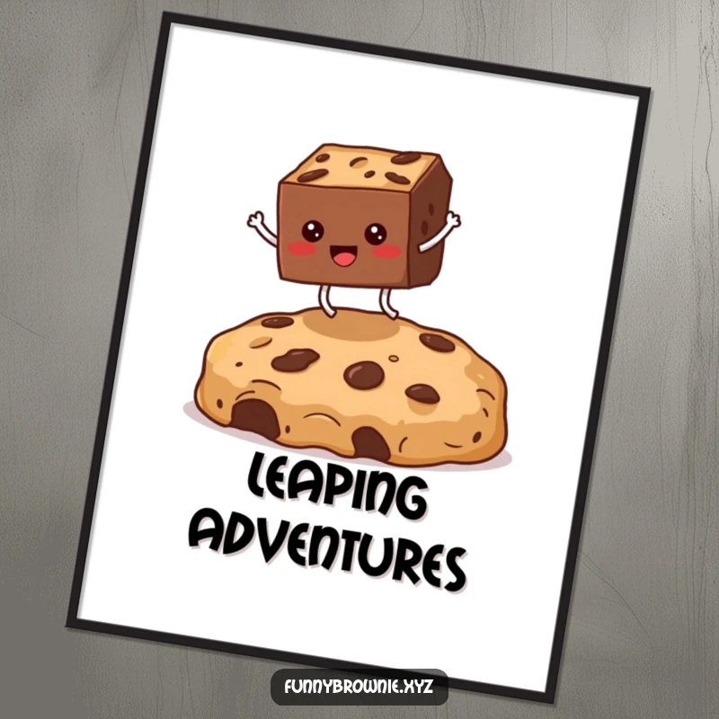 Funny digital art of a square brownie character with legs enthusiastically jumping over a huge cookie crumb, capturing dessert comedy.