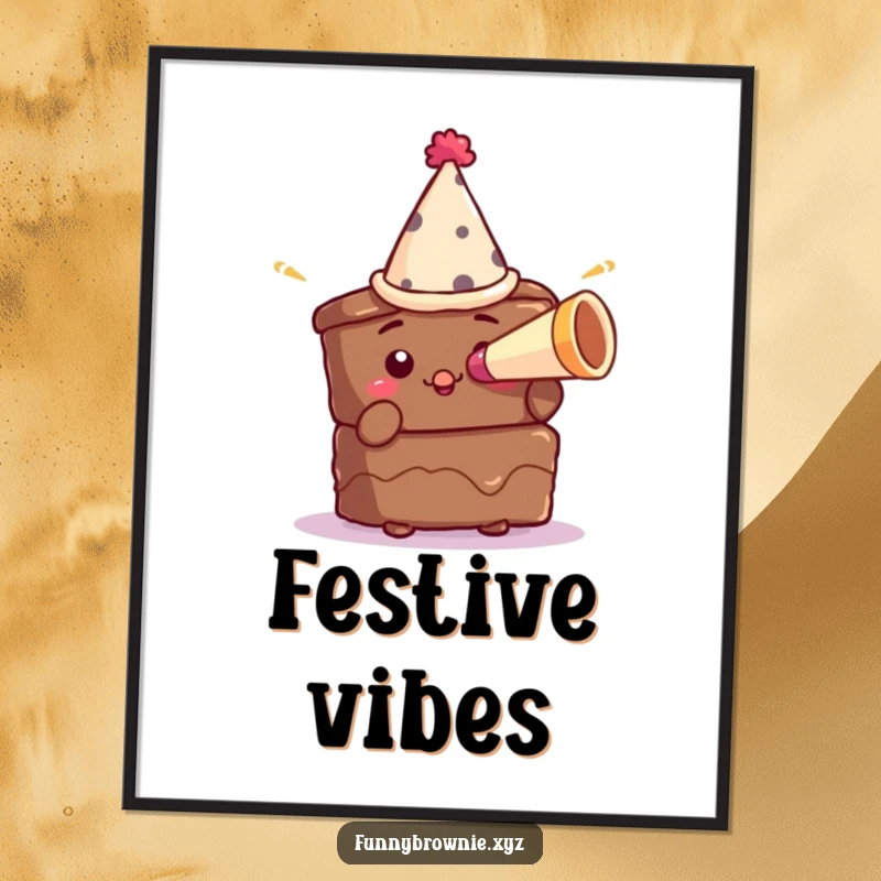 Funny digital art of a brownie character in a small party hat blowing a tiny horn, capturing the essence of celebration.