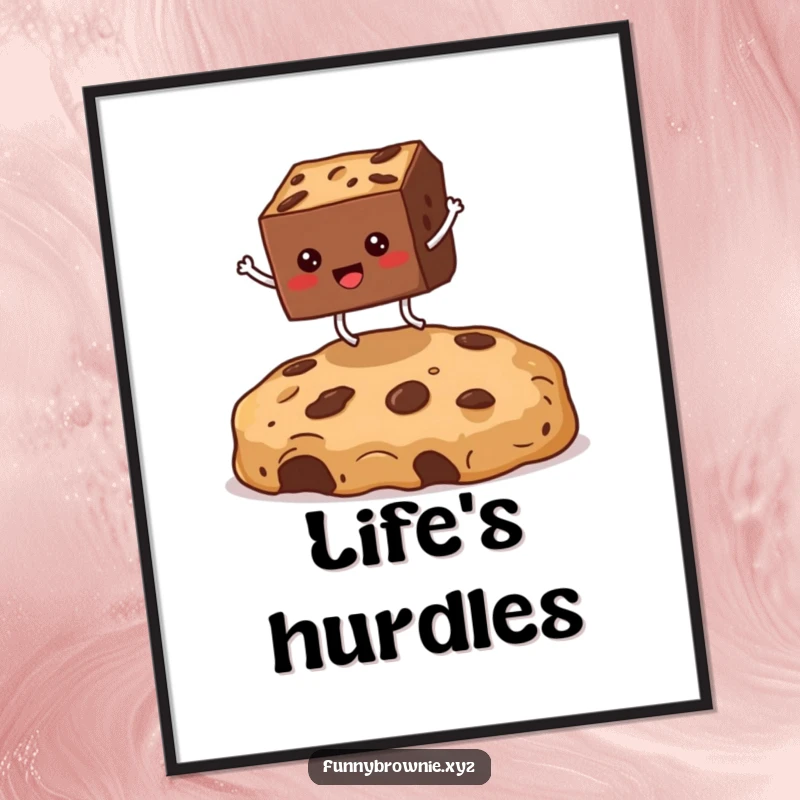 Funny poster art of a square brownie with legs enthusiastically jumping over a colossal cookie crumb, showcasing dessert-themed humor.