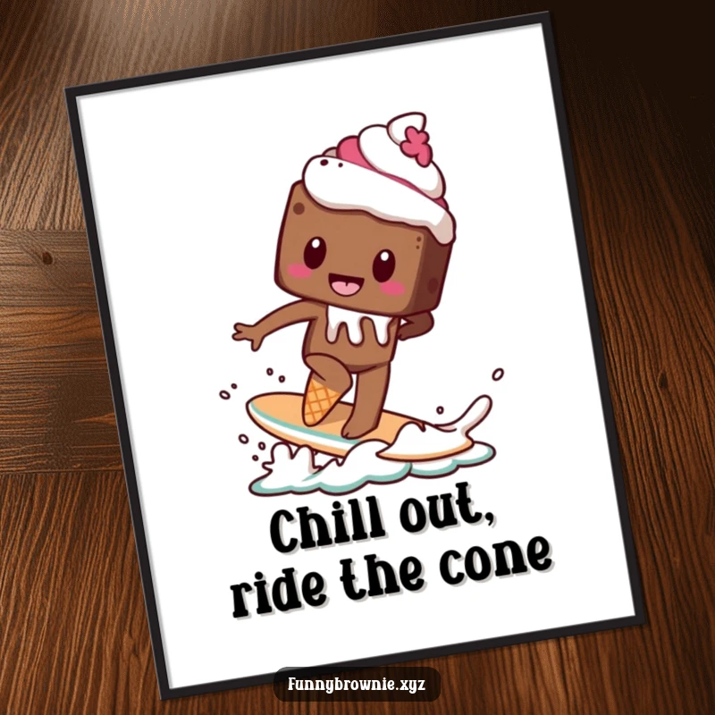 Funny Free Printable Wall Art: A brownie character is attempting to ride a melting ice cream cone as if it were a surfboard.