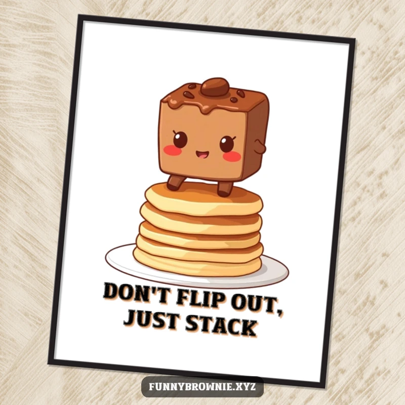 Funny Free Printable Wall Art: A brownie character grins while balancing on a very wobbly stack of fluffy pancakes.