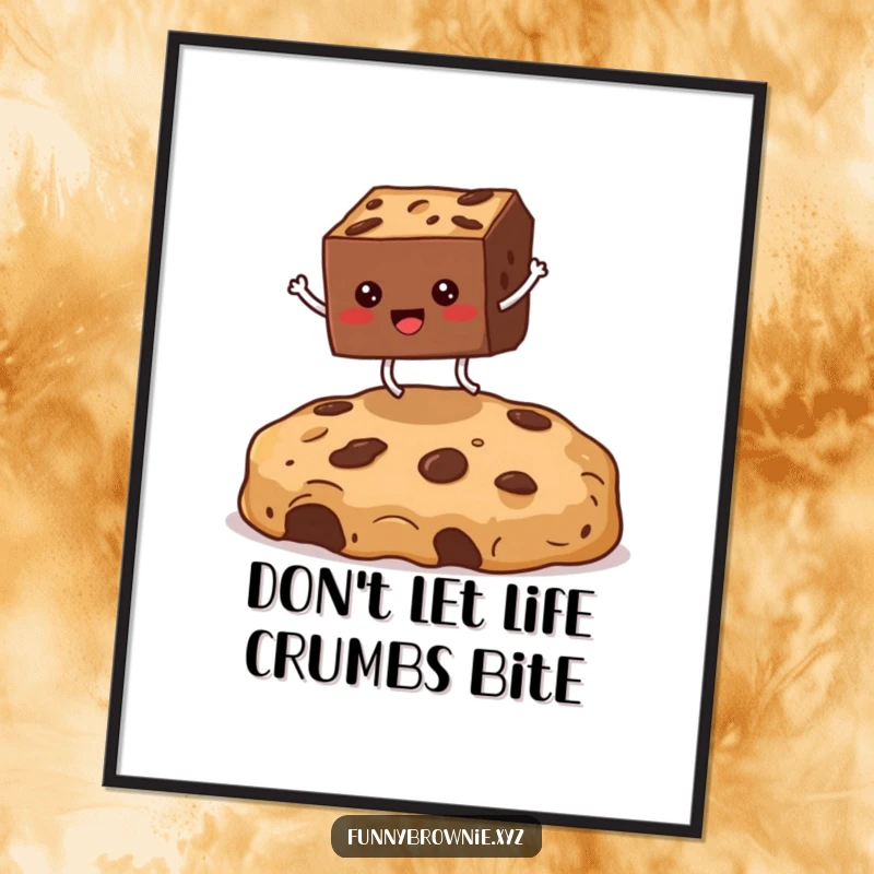 Funny Free Printable Wall Art: A square brownie with tiny legs joyfully jumping high over an enormous cookie crumb.