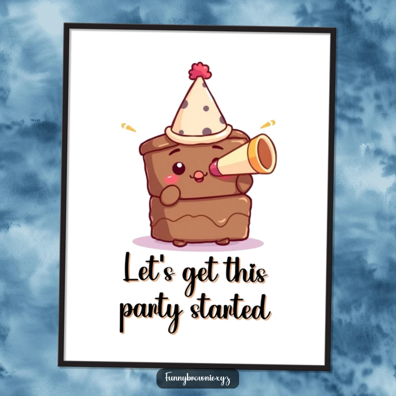 Funny Free Printable Wall Art: A brownie character wearing a small party hat blows a tiny party horn with excitement.