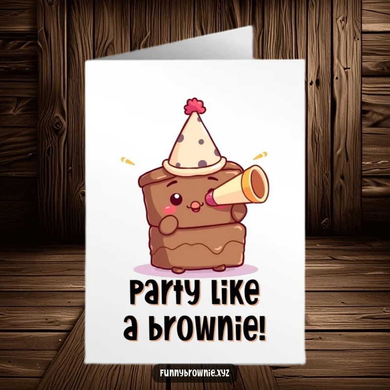 Funny Free Printable Birthday Card: Brownie in a party hat blows a tiny party horn, ready to celebrate a birthday.