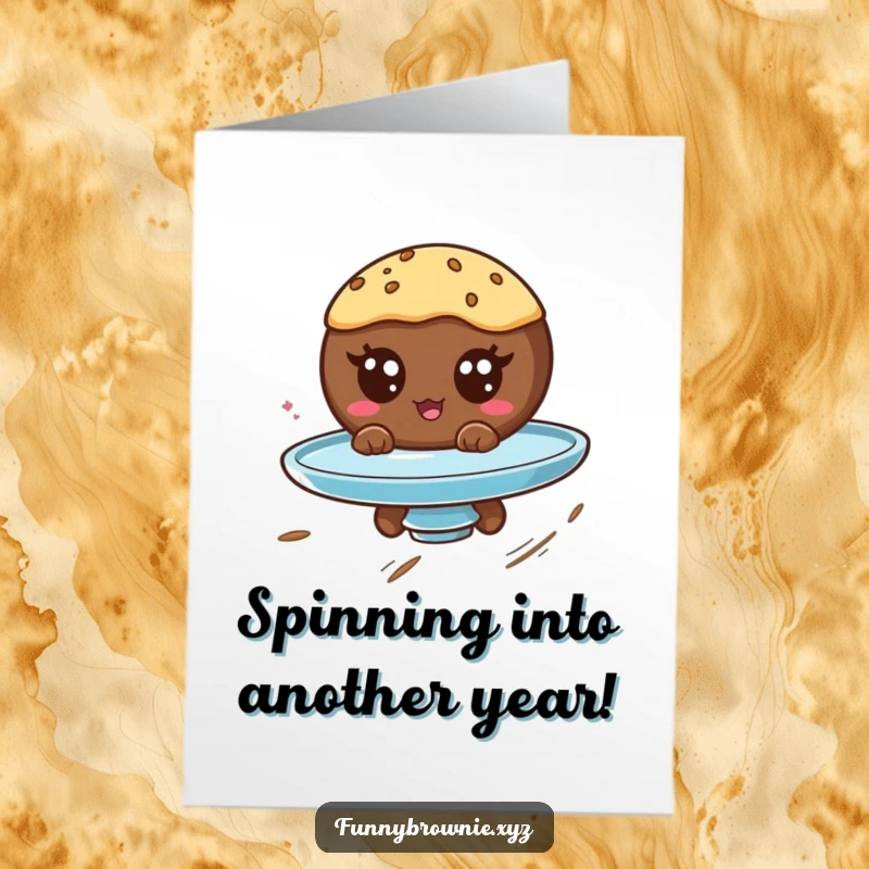 Funny Free Printable Birthday Card: Round brownie with googly eyes gleefully spinning on a plate, pure birthday fun.