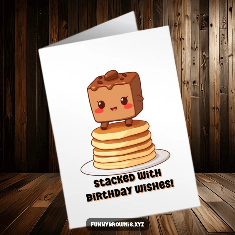 Funny Free Printable Birthday Card: Brownie character balances with a grin on a wobbly stack of pancakes, celebrating.