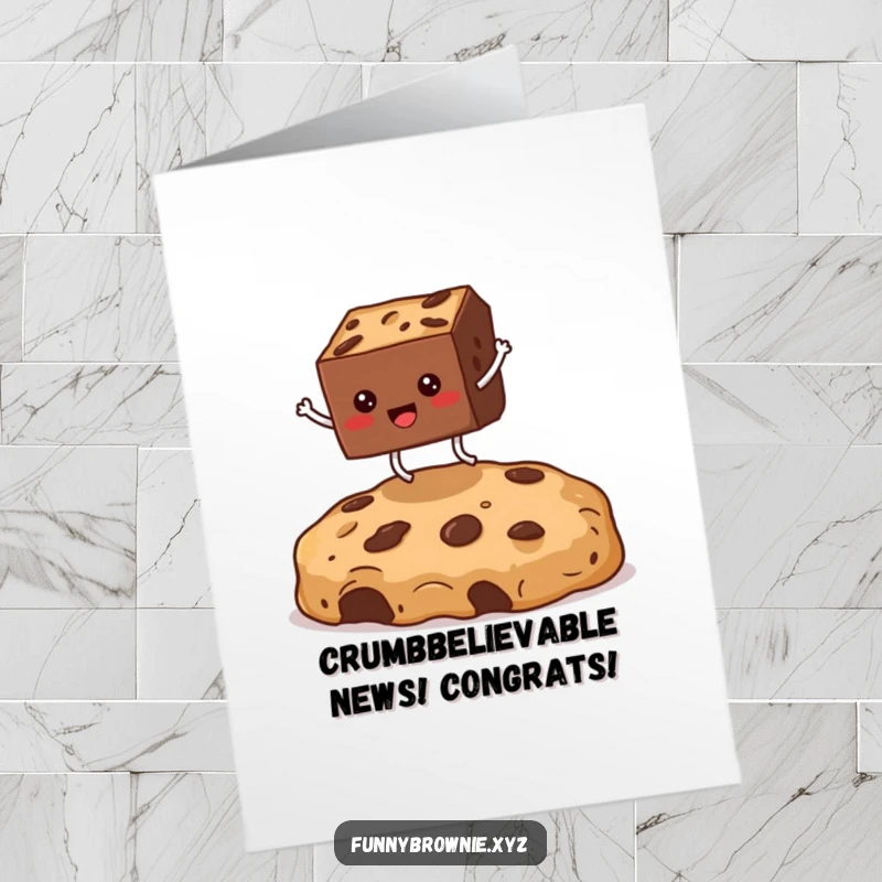Funny Free Printable Congratulations Card: Square brownie with legs leaping over a massive cookie crumb, symbolizing achievement.