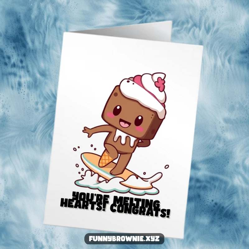 Funny Free Printable Congratulations Card: A brownie character surfs precariously on a melting ice cream cone, symbolizing a sweet win.
