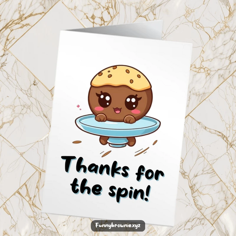 Funny Free Printable Thank You Card: A round brownie with googly eyes is spinning cheerfully on a plate, saying thanks.