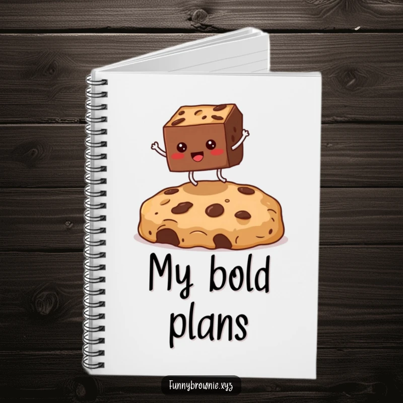 Funny notebook with a square brownie character with tiny legs jumping over a large cookie crumb, ideal for humorous note-taking.