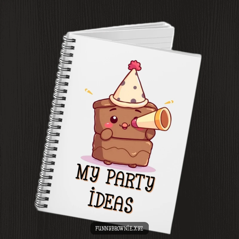 Funny notebook with a brownie character in a tiny party hat blowing a miniature horn, great for party planning notes.