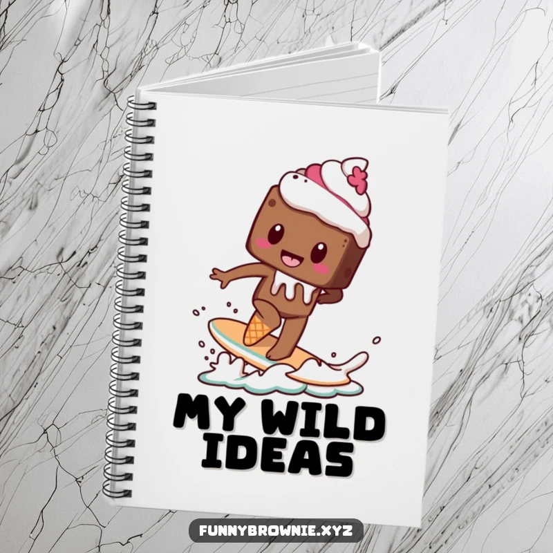 Funny notebook with a brownie character attempting to surf on a melting ice cream cone, great for jotting down adventurous ideas.