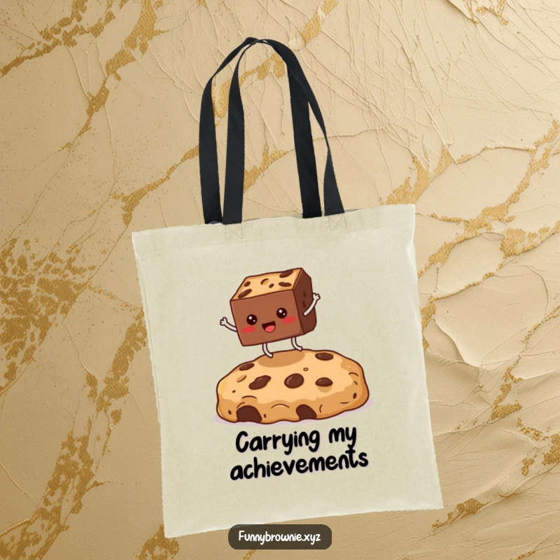 Funny tote bag showcasing a square brownie with tiny legs leaping over a huge cookie crumb, perfect for carrying groceries humorously.